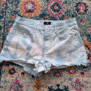 7 For All Mankind Los Angeles Blue and White Tie-Dye Denim Frayed Shorts Size 29